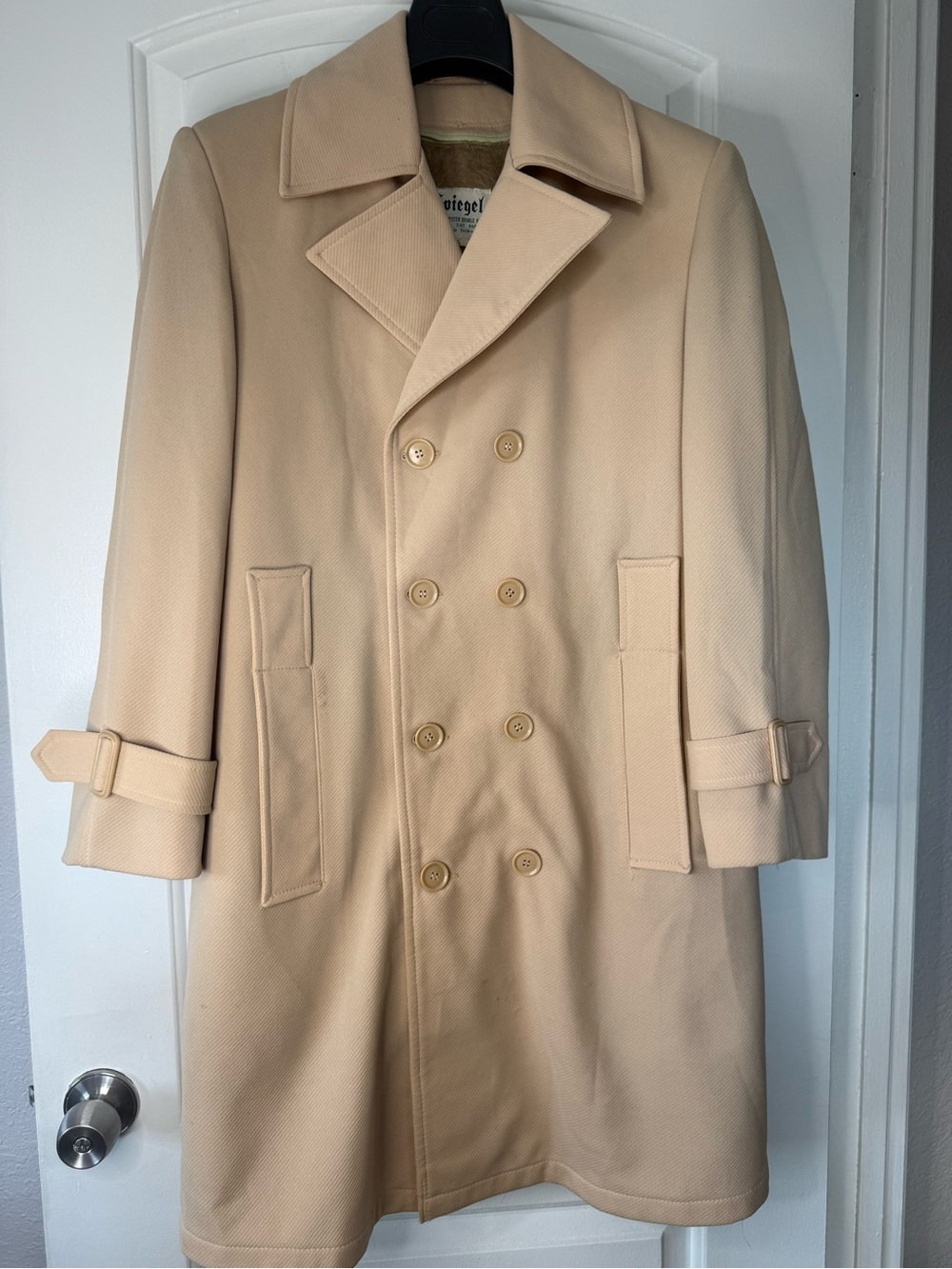 VTG Spiegel Mens 36R Double Breasted Pea Coat Tan Beige Faux Fur Lined 70s